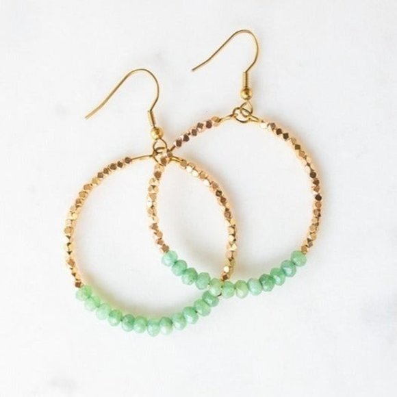 Sparkly Gemstone Beaded Hoops Earrings Natural Green Aventurine Beaded Hoops - Picture 1 of 11